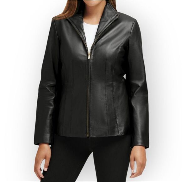 Cole Haan Lamb Skin Black Leather Jacket size 10 - Picture 3 of 13